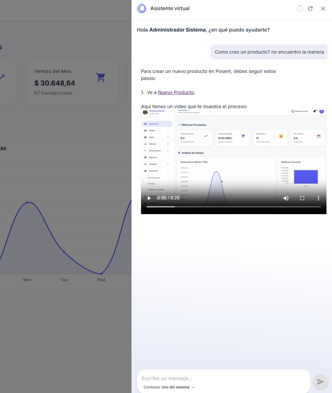 Asistente virtual con inteligencia artificial POSENT que responde preguntas y genera reportes